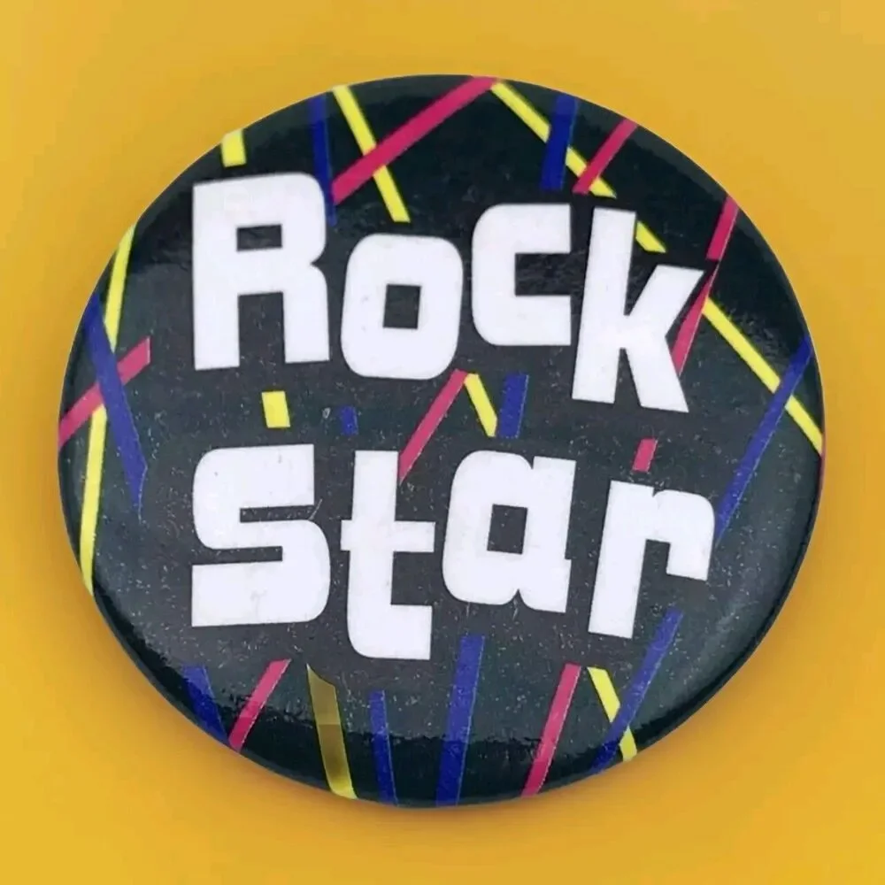 Pin Back Button Rock Star Black Yellow Pink Blue Retro Music Fan Accessory